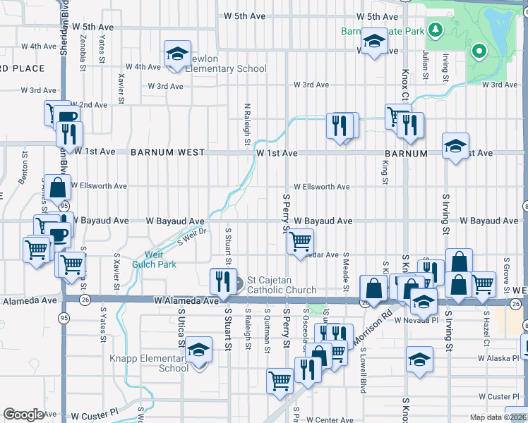 map of restaurants, bars, coffee shops, grocery stores, and more near in Denver
