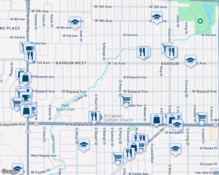 map of restaurants, bars, coffee shops, grocery stores, and more near 46 South Raleigh Street in Denver