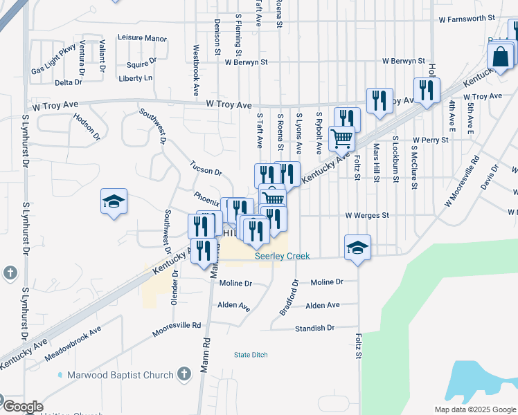 map of restaurants, bars, coffee shops, grocery stores, and more near 4321 Phoenix Drive in Indianapolis