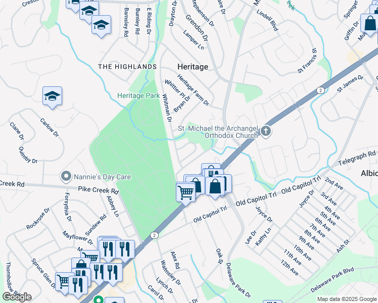 map of restaurants, bars, coffee shops, grocery stores, and more near 8 Alcott Drive in Wilmington