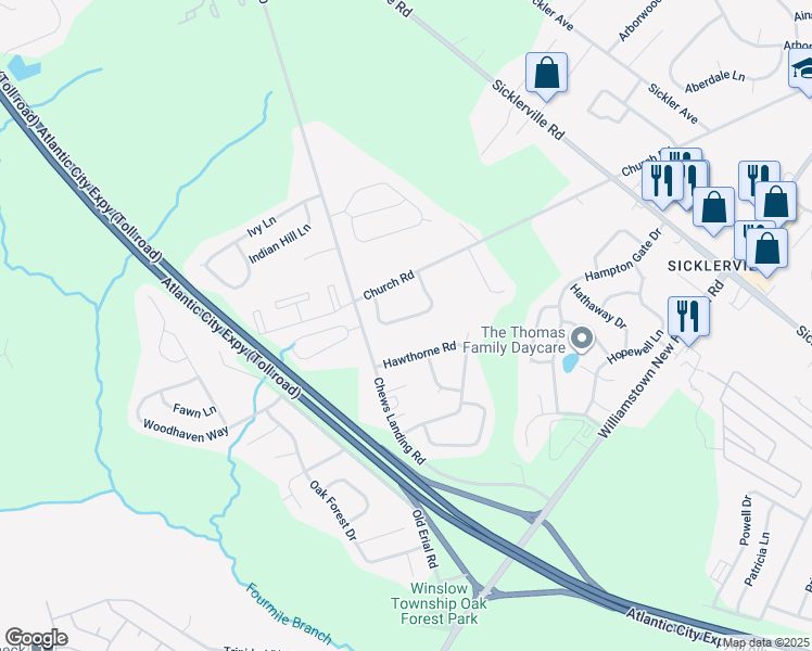 map of restaurants, bars, coffee shops, grocery stores, and more near 20 Heather Drive in Sicklerville