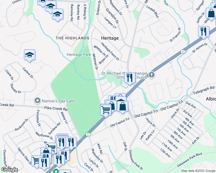 map of restaurants, bars, coffee shops, grocery stores, and more near 8 Alcott Drive in Wilmington