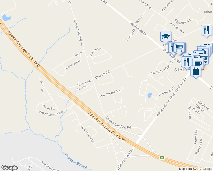 map of restaurants, bars, coffee shops, grocery stores, and more near 20 Heather Drive in Sicklerville
