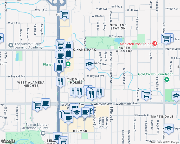 map of restaurants, bars, coffee shops, grocery stores, and more near 80 South Teller Street in Lakewood