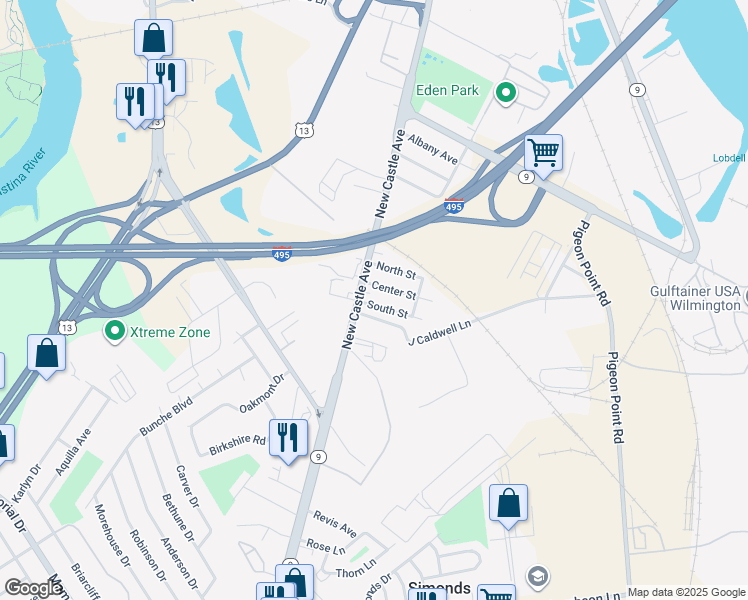 map of restaurants, bars, coffee shops, grocery stores, and more near 5 South Street in New Castle