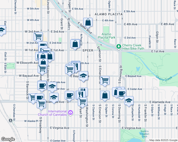 map of restaurants, bars, coffee shops, grocery stores, and more near 52 South Washington Street in Denver