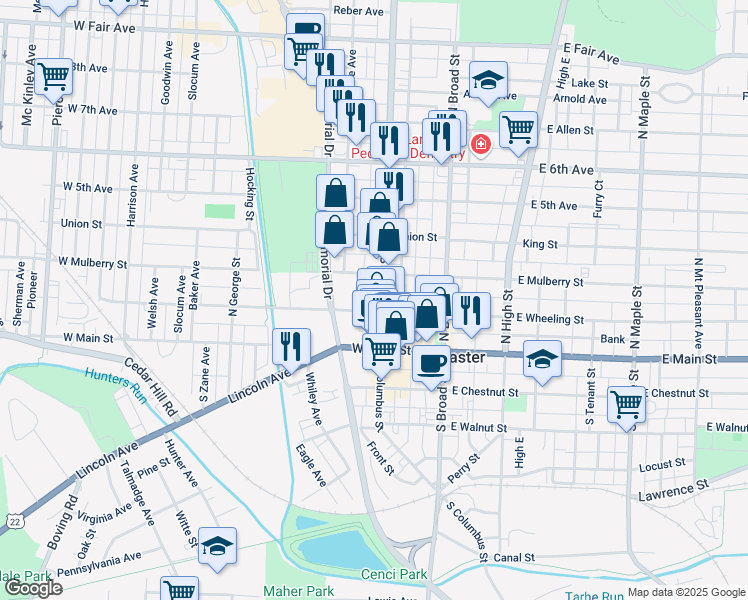 map of restaurants, bars, coffee shops, grocery stores, and more near 211 North Columbus Street in Lancaster