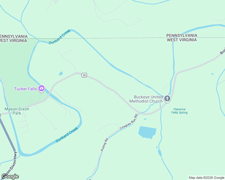 map of restaurants, bars, coffee shops, grocery stores, and more near County Road 39 in Maidsville