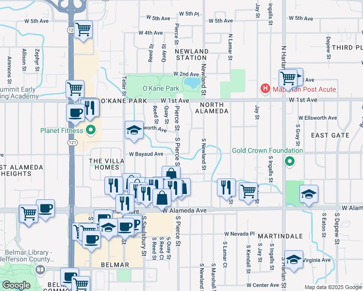 map of restaurants, bars, coffee shops, grocery stores, and more near 80 South Pierce Street in Lakewood