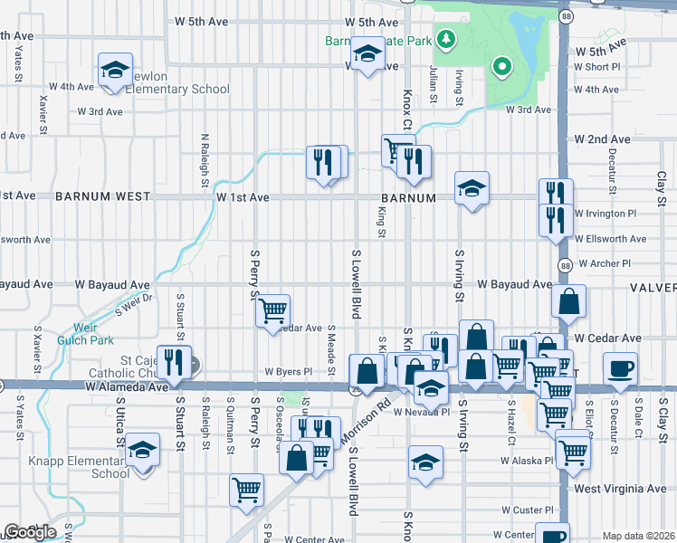map of restaurants, bars, coffee shops, grocery stores, and more near 70 South Meade Street in Denver