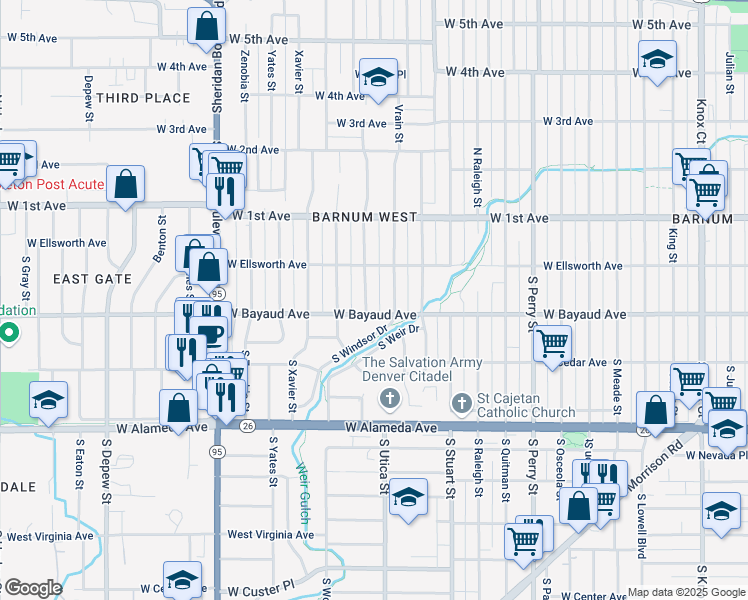 map of restaurants, bars, coffee shops, grocery stores, and more near 70 South Winona Court in Denver