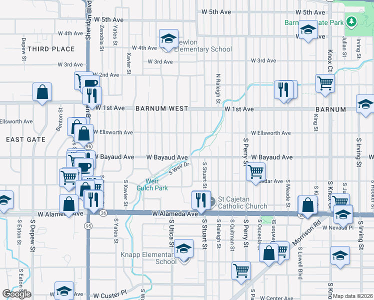 map of restaurants, bars, coffee shops, grocery stores, and more near 79 South Utica Street in Denver