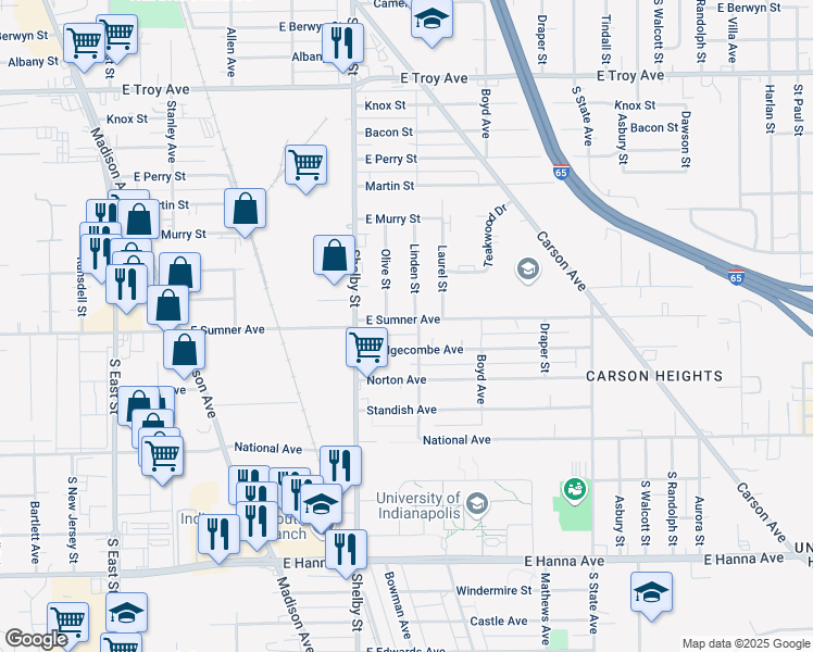 map of restaurants, bars, coffee shops, grocery stores, and more near 1209 East Sumner Avenue in Indianapolis