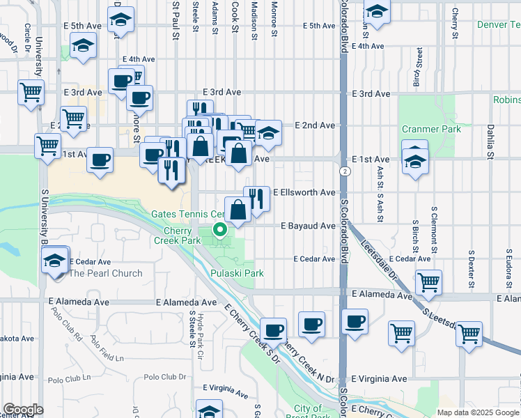 map of restaurants, bars, coffee shops, grocery stores, and more near 40 South Madison Street in Denver