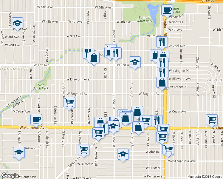 map of restaurants, bars, coffee shops, grocery stores, and more near 57 South Knox Court in Denver