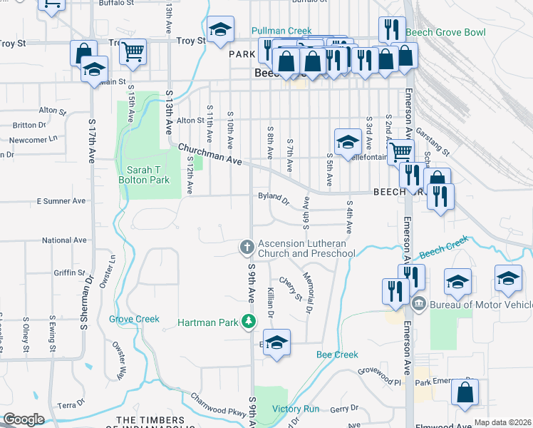 map of restaurants, bars, coffee shops, grocery stores, and more near 322 South 8th Avenue in Beech Grove