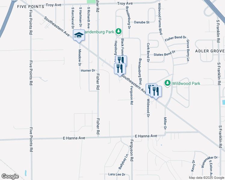 map of restaurants, bars, coffee shops, grocery stores, and more near 3547 Horner Drive in Indianapolis