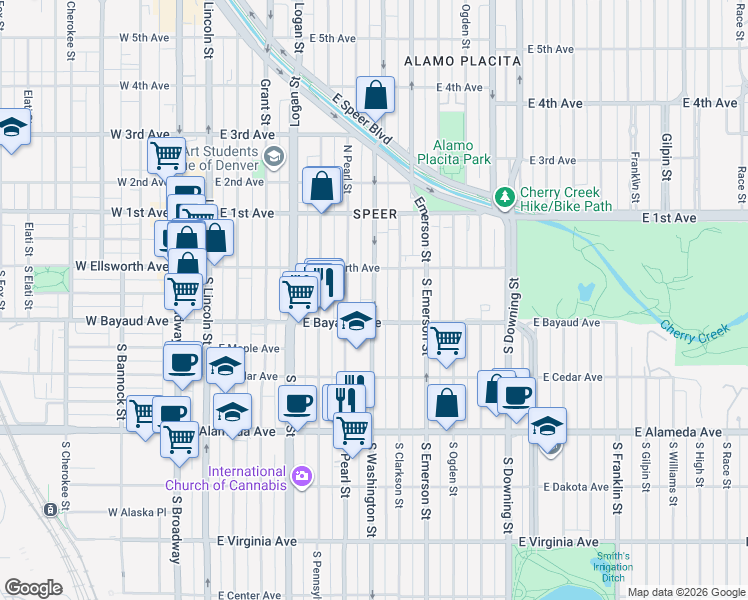 map of restaurants, bars, coffee shops, grocery stores, and more near 52 South Washington Street in Denver