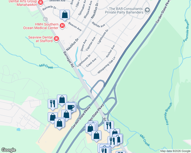 map of restaurants, bars, coffee shops, grocery stores, and more near 955 Whispering Oak Lane in Stafford Township