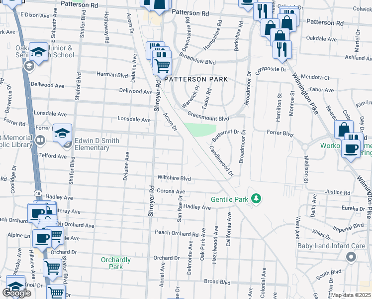 map of restaurants, bars, coffee shops, grocery stores, and more near 2302 San Rae Drive in Kettering