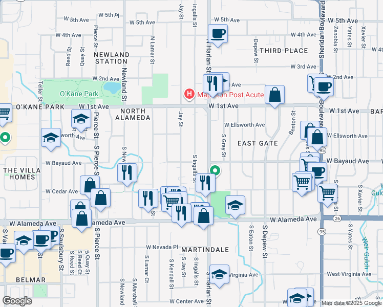 map of restaurants, bars, coffee shops, grocery stores, and more near 77 South Ingalls Street in Lakewood