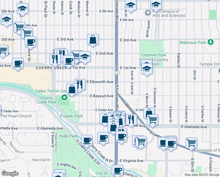 map of restaurants, bars, coffee shops, grocery stores, and more near 33 South Harrison Street in Denver
