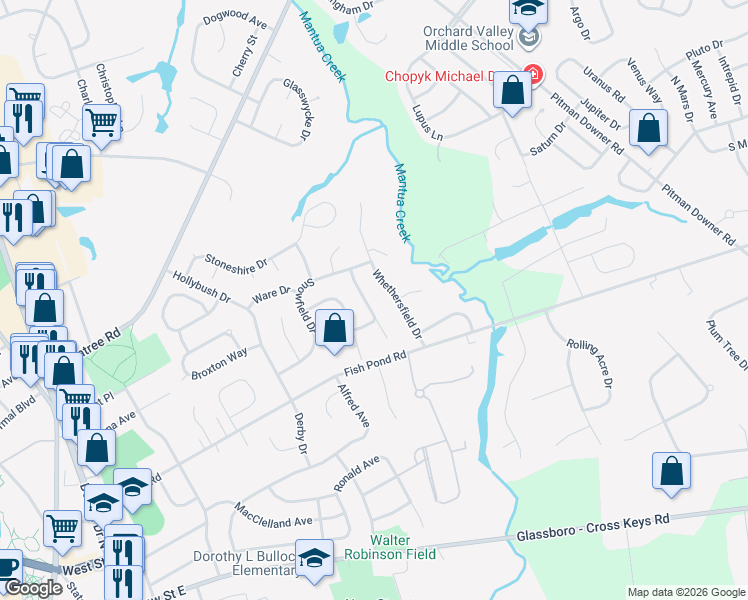 map of restaurants, bars, coffee shops, grocery stores, and more near 36 Hayslope Court in Glassboro