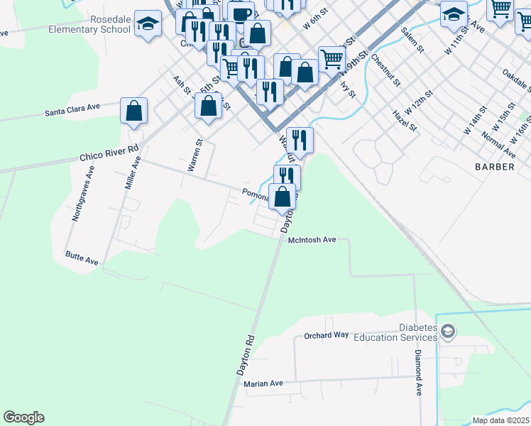 map of restaurants, bars, coffee shops, grocery stores, and more near 1015 Poppy Street in Chico