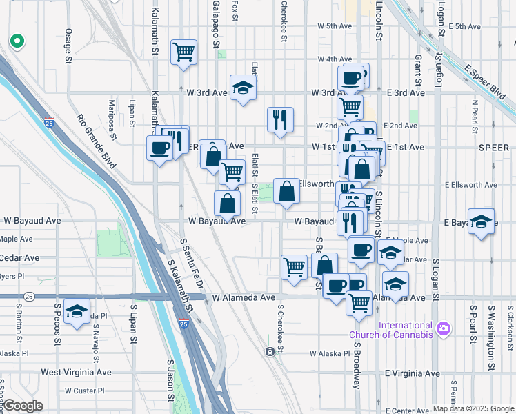 map of restaurants, bars, coffee shops, grocery stores, and more near 54 South Elati Street in Denver
