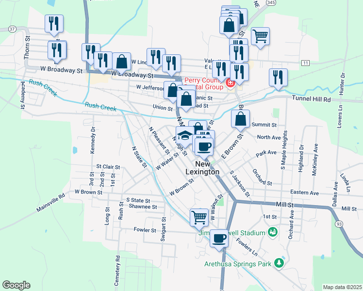map of restaurants, bars, coffee shops, grocery stores, and more near 112 East Water Street in New Lexington