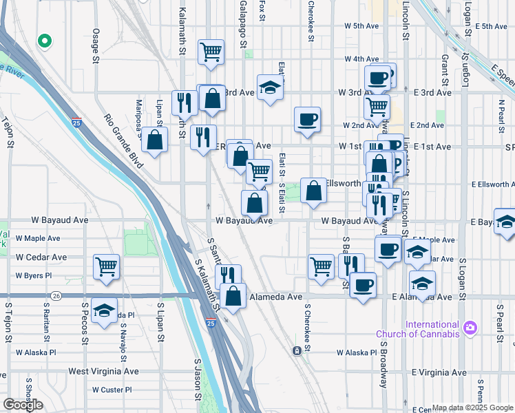 map of restaurants, bars, coffee shops, grocery stores, and more near 85 S Fox St in Denver