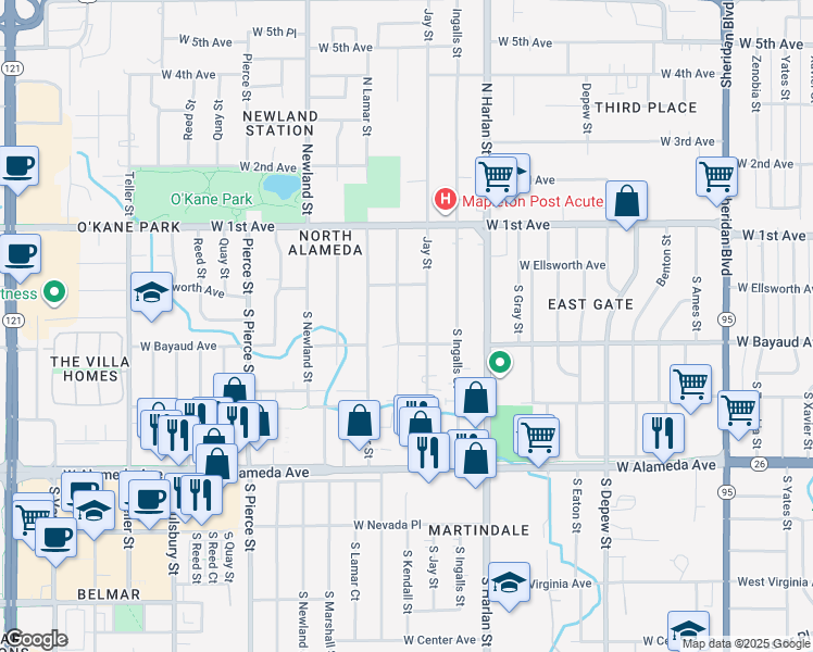 map of restaurants, bars, coffee shops, grocery stores, and more near 60 South Kendall Street in Lakewood