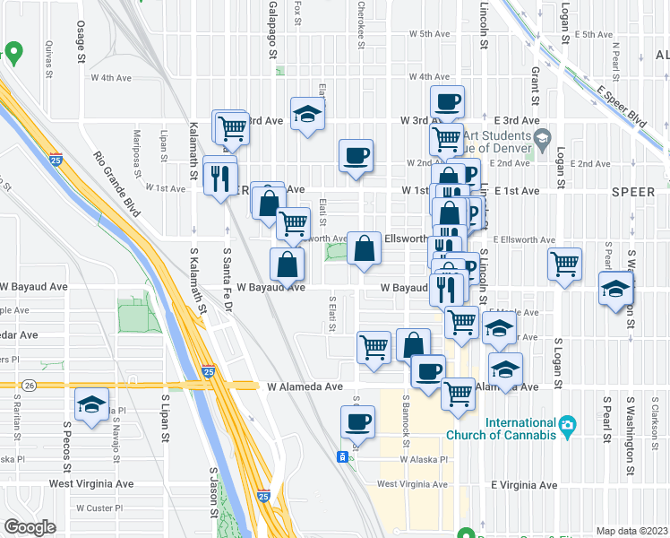 map of restaurants, bars, coffee shops, grocery stores, and more near 54 South Elati Street in Denver