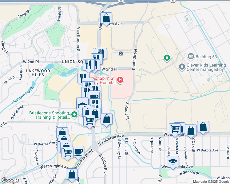 map of restaurants, bars, coffee shops, grocery stores, and more near 11700 West 2nd Place in Lakewood