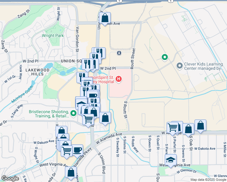 map of restaurants, bars, coffee shops, grocery stores, and more near 11700 West 2nd Place in Lakewood