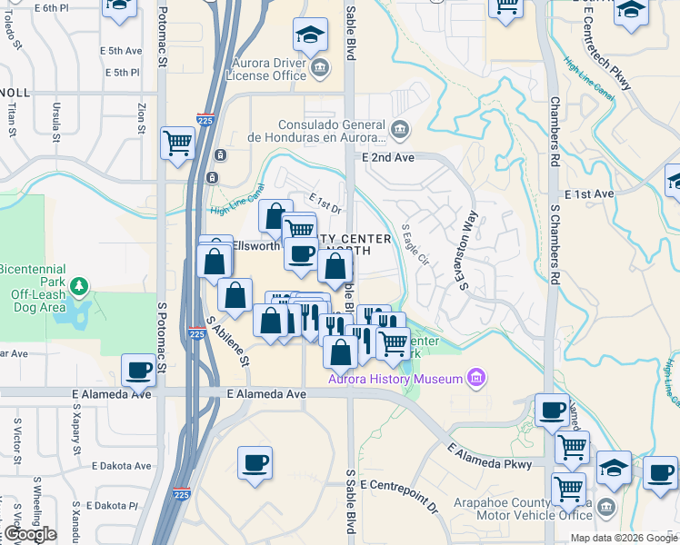 map of restaurants, bars, coffee shops, grocery stores, and more near 61 South Sable Boulevard in Aurora