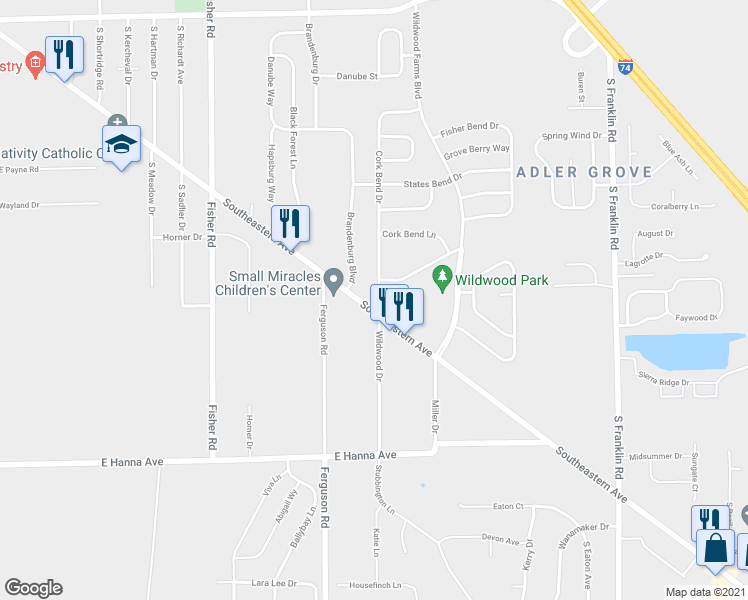 map of restaurants, bars, coffee shops, grocery stores, and more near 3628 Cork Bend Drive in Indianapolis