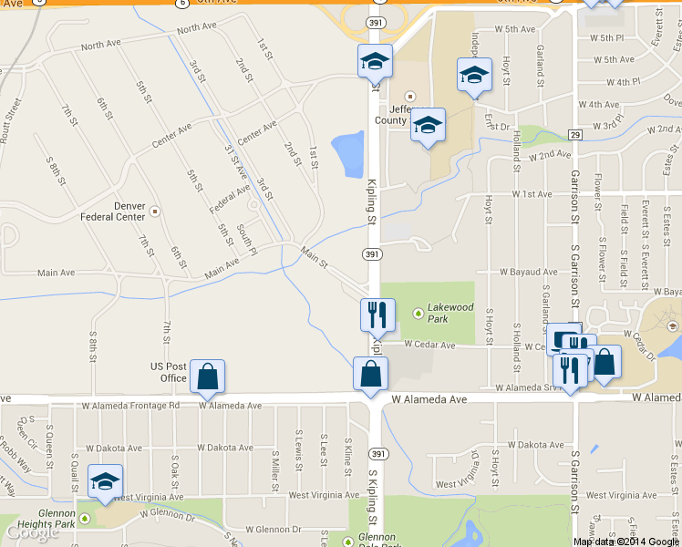 map of restaurants, bars, coffee shops, grocery stores, and more near Main Street in Denver