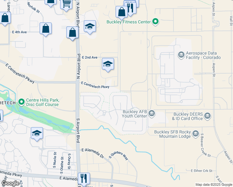 map of restaurants, bars, coffee shops, grocery stores, and more near 17300-17498 East Winter Park Circle in Aurora
