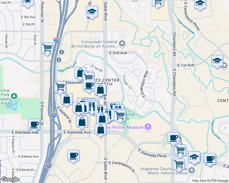 map of restaurants, bars, coffee shops, grocery stores, and more near 100 South Sable Boulevard in Aurora