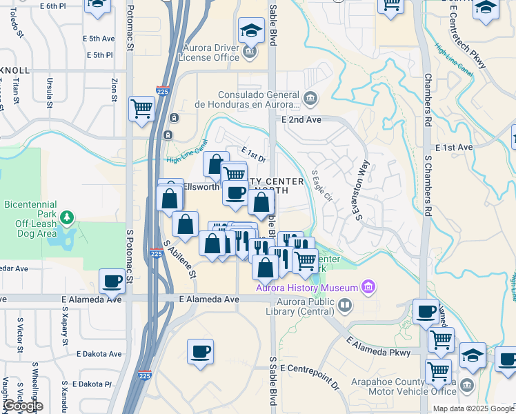 map of restaurants, bars, coffee shops, grocery stores, and more near 61 South Sable Boulevard in Aurora