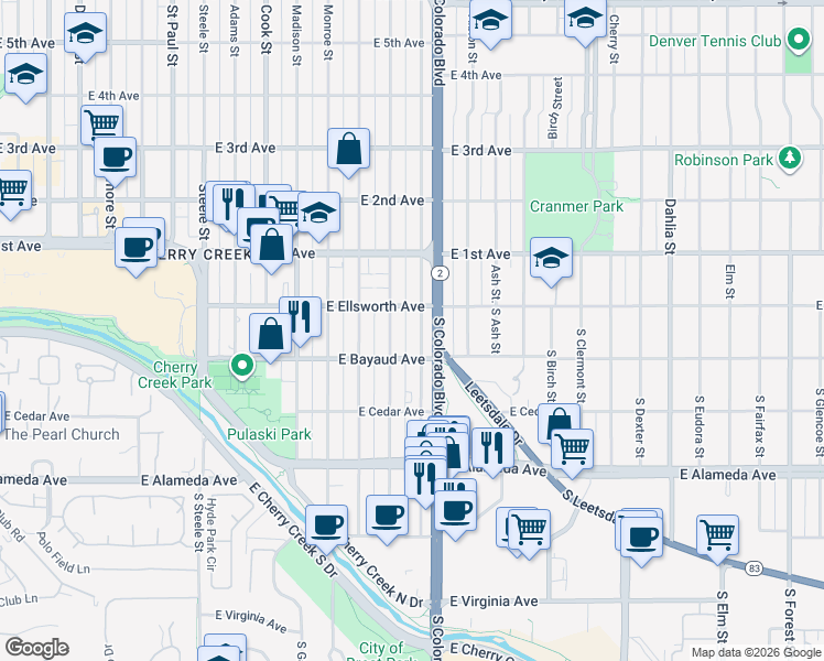 map of restaurants, bars, coffee shops, grocery stores, and more near 33 South Harrison Street in Denver