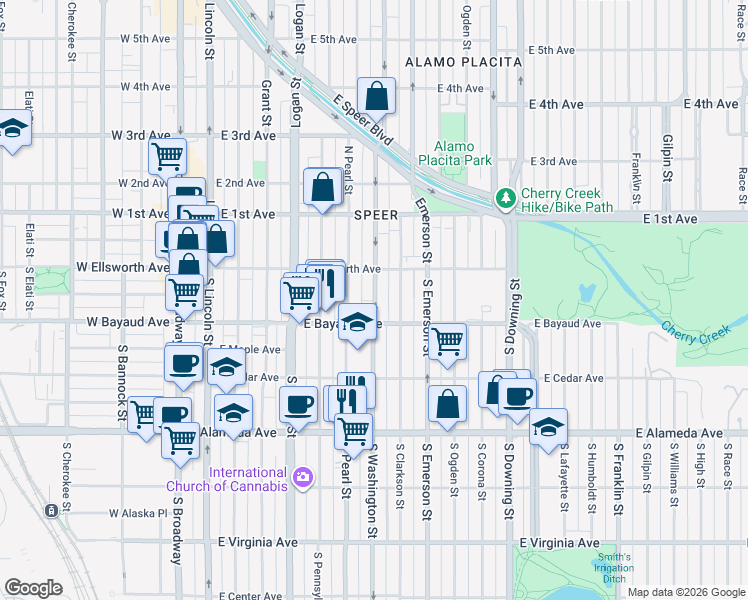 map of restaurants, bars, coffee shops, grocery stores, and more near 52 South Washington Street in Denver