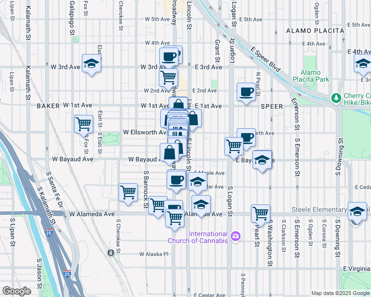 map of restaurants, bars, coffee shops, grocery stores, and more near 55 South Lincoln Street in Denver