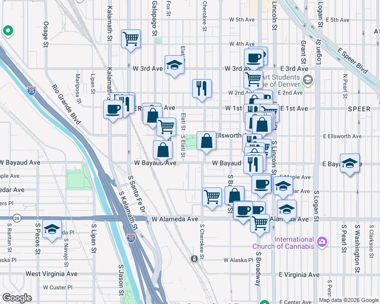 map of restaurants, bars, coffee shops, grocery stores, and more near 54 South Elati Street in Denver