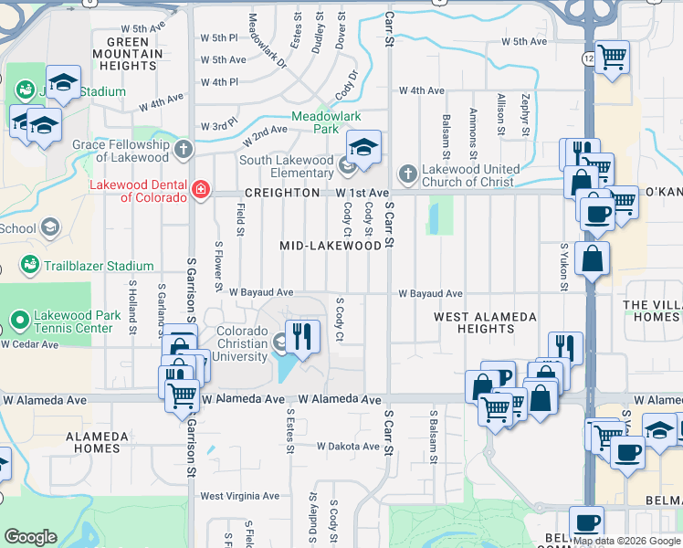 map of restaurants, bars, coffee shops, grocery stores, and more near 75 South Cody Court in Lakewood