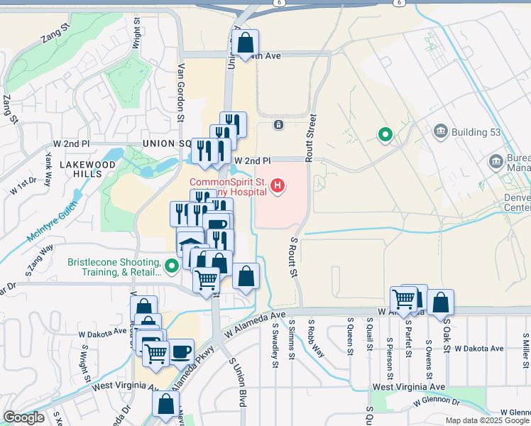 map of restaurants, bars, coffee shops, grocery stores, and more near Healing Way in Denver