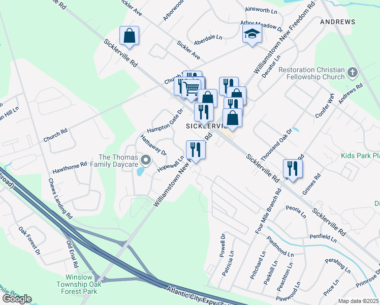 map of restaurants, bars, coffee shops, grocery stores, and more near 54 Hopewell Lane in Sicklerville