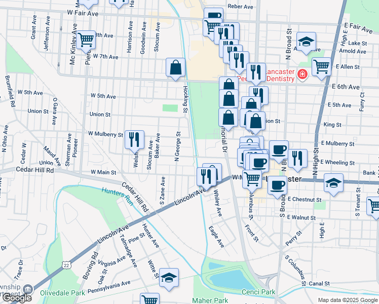 map of restaurants, bars, coffee shops, grocery stores, and more near 401 East Wheeling Street in Lancaster