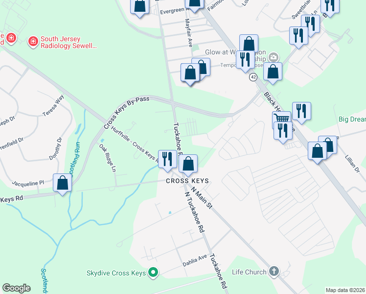 map of restaurants, bars, coffee shops, grocery stores, and more near 113 Tuckahoe Road in Washington Township